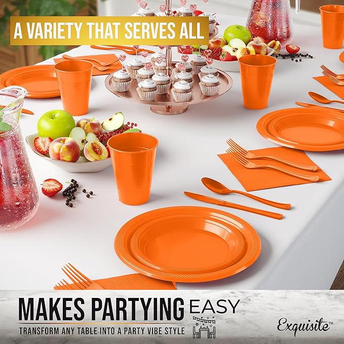 Party Solids 350 Pieces Orange Plastic Plates For Party, Orange Disposable Plates Set, 50 Of Each 9" Dinner Plate Set, 7" Dessert Plate, Cups, Napkins & Cutlery Plastic Dinnerware Set