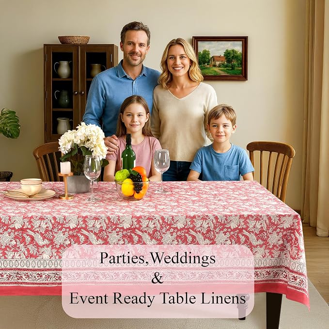 CPC Tablecloth 100% Cotton 72x190 Inch Indian Block Print Rectangle Table Cover, Pink Table Cloth for Weddings, Spring/Summer, Barbeque - Pink Coral