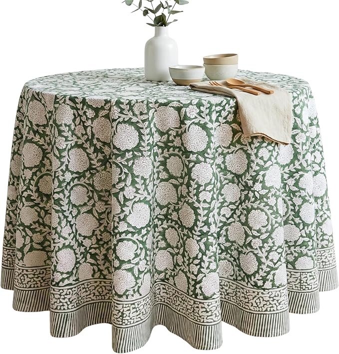 ATOSII Shalimar Green 100% Cotton Round Boho Fall Tablecloth, Handblock Floral Table Cloth Linen for Kitchen Dining I Parties Wedding Outdoors Christmas Thanksgiving I Fall Home Decor 90" Inches Round