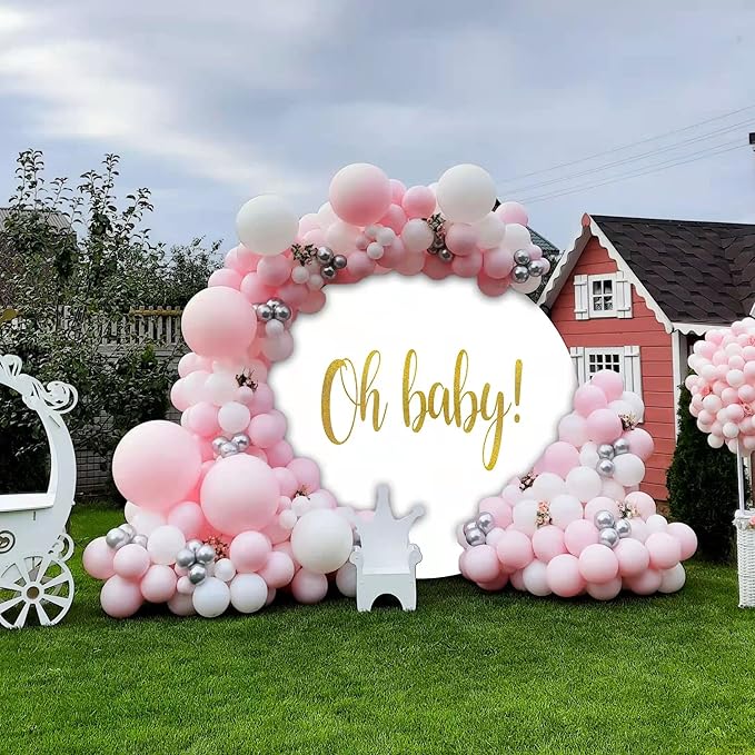 Round Backdrop Cover Oh Baby 7.2ft,White Round Backdrop Cover Gold Oh Baby Sign for Photography Baby Shower,Birthday Party Decorations Gender Reveal Pregnancy Party Photo Studio Props