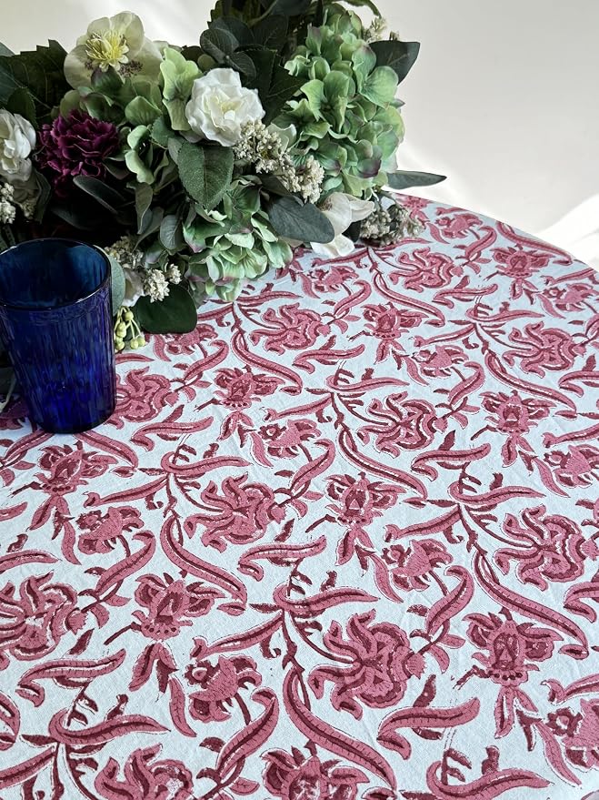 ATOSII Red Bloom 100% Cotton Round Tablecloth, Handblock Print Floral Table Cloth for Kitchen Dining Linen I Parties, Weddings, Outdoors, Easter, Thanksgiving I Fall Home Decor 72" Inches Round
