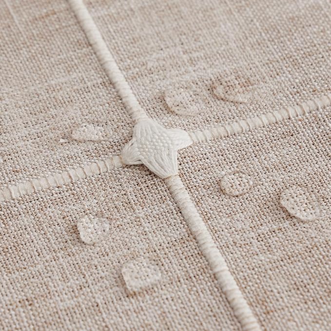 ZeeMart Boho Grid Table Cloth with Tassels (Taupe, 52" Round), Heavy Weight Linen Checked Embroidered Farmhouse Tablecloth, Water Resistant Round Beige Tablecloths
