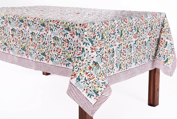 ATOSII Ambrosia Green Floral 100% Cotton Rectangle Fall Tablecloth, Handblock Print Linen Table Cloth for Kitchen Dining I Parties, Weddings, Outdoors, Christmas, Thanksgiving Decor 60 X 90 Inches