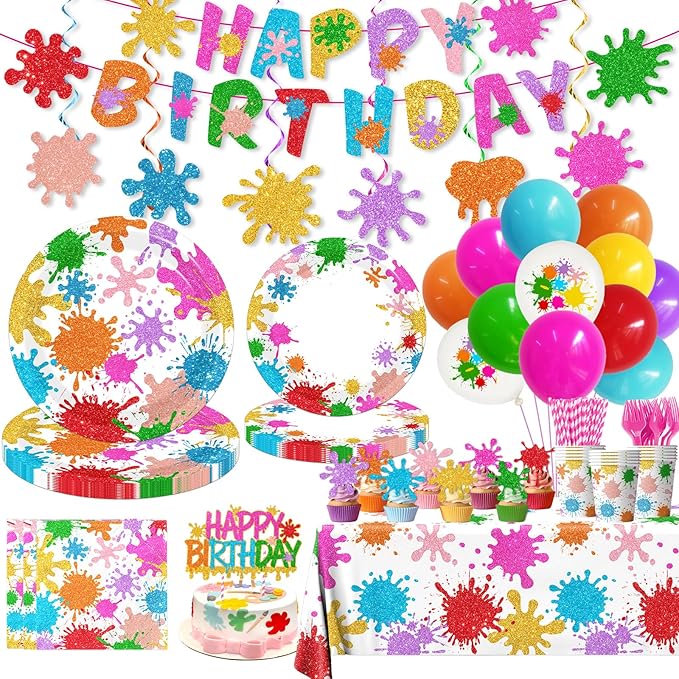 Paint Party Decorations 215Pcs Paint Splatter Party Supplies Art Party Decorations Plates,Napkins,Cups,Balloon,Cake Topper,Tablecloth for Art Painting Party Supplies Birthday Baby Shower Decorations