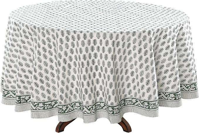 Ridhi Round Tablecloth Hand Block Print 100% Cotton Reusable Emerald Green 110 Inch Table Cover Decorative Everyday Use for Dining, Home, Party, Wedding, Farmhouse, Party Gift for Spring, Mother's Day