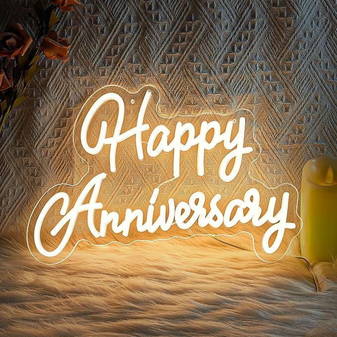 Happy Anniversary Neon Sign,Wedding Birthday Party Bar Decoration Neon Light for Anniversary, Dimmable LED Sign for Pub Christmas,Restaurant,Bedroom Wall Decor