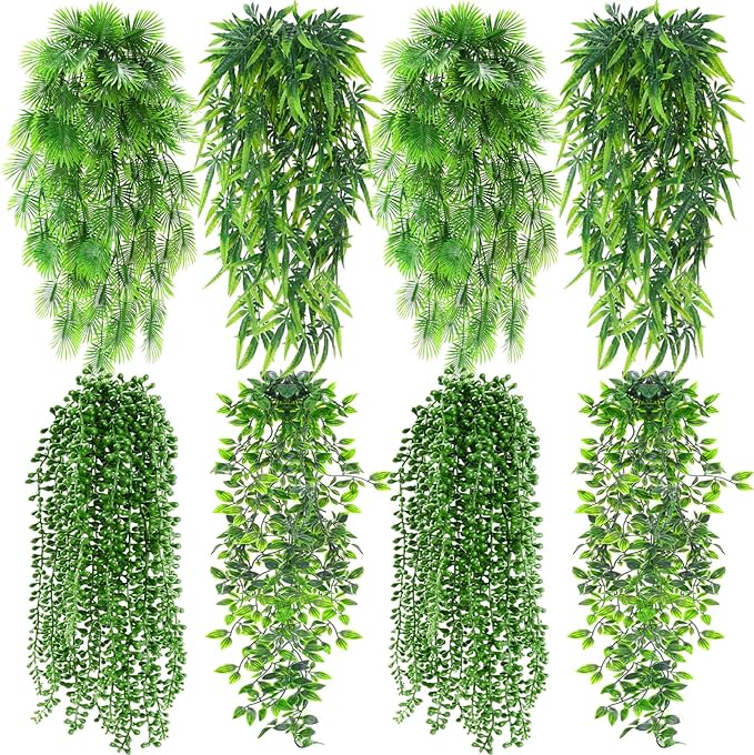 Daifunli 12 Pcs Artificial Hanging Plants Fake Hanging Ferns Plastic Fake Plant for Wall Room Garden Garland Indoor Outdoor Decor No Basket (Palm,Mandala,String of Pearls,Maple Leaf)