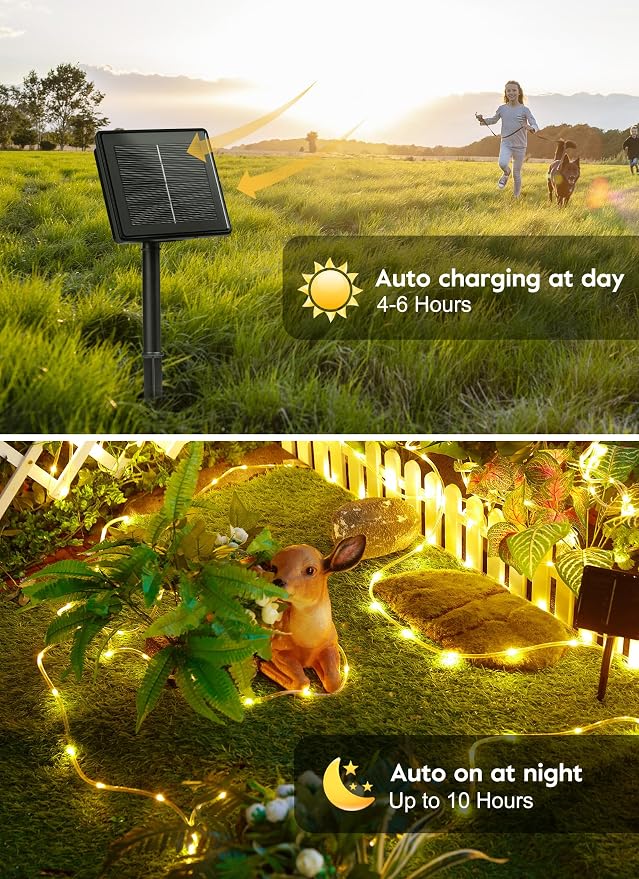 Brightown Solar String Lights Outdoor 2 Pack 72 Feet 200 LED Waterproof Solar Powered String Lights with 8 Lighting Modes, Waterproof Solar Rope Lights for Outside Christmas Party, Warm White