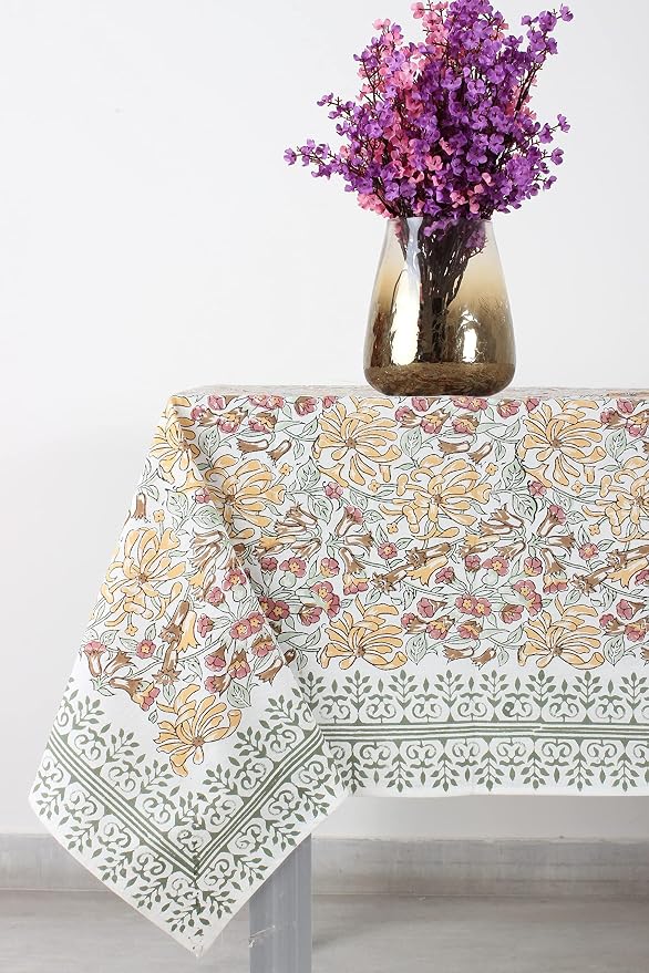 Ridhi Canary Yellow Mint Green Block Print Cotton Rectangle Tablecloth 118" x 70" inches Reusable Table Cover Decorative Everyday Use for Dining Room, Farmhouse, Home Gift for Spring, Mother's Day