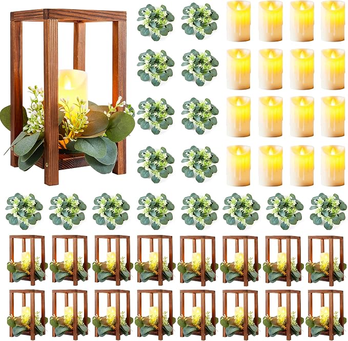 48 Pcs/16 Set Wedding Lantern Centerpiece for Table-Wooden Candle Lantern Bulk Includes 16 Farmhouse Wooden Candle Holder 16 Flameless LED Candles 16 Eucalyptus Leaves Wreath for Decoration