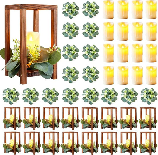 48 Pcs/16 Set Wedding Lantern Centerpiece for Table-Wooden Candle Lantern Bulk Includes 16 Farmhouse Wooden Candle Holder 16 Flameless LED Candles 16 Eucalyptus Leaves Wreath for Decoration