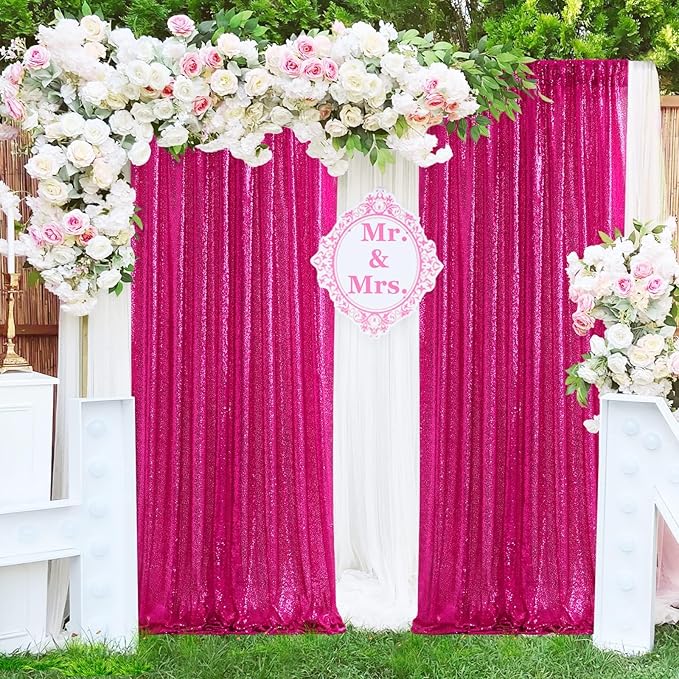 Fuchsia Glitter Sequin Backdrop Curtains 6 Pieces 2ftx8ft Dessert Backdrop Wedding Party Decor Glitter Photography Background Christmas Party Decoration