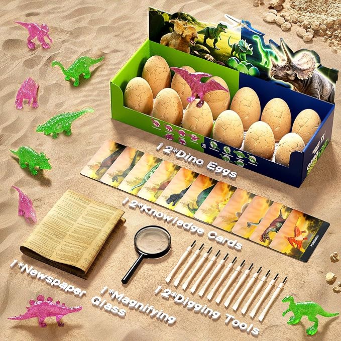 12 Glow in The Dark Dinosaur Eggs, Dig Kit Toys for Kids, Dinosaur Eggs Excavation Kit with Magnifier, Easter Basket Stuffers, STEM Party Favor Gifts for Boys Girls Age 3 4 5 6 7 8 9 10 + Years Old