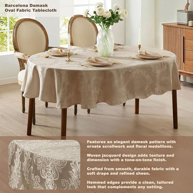 Newbridge Barcelona Luxury Damask Fabric Tablecloth, 60” Wide x 120” Oval, Golden Beige, 100% Polyester, No Iron, Soil Resistant Dining Room, Party and Banquet Table Cover