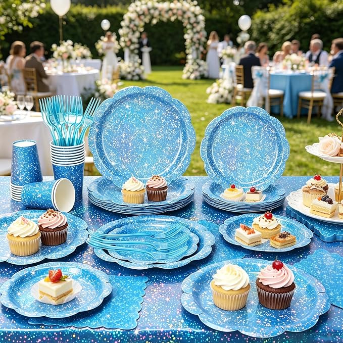 Blue Iridescent Plates and Napkins Set, Disposable Light Blue Holographic Plates Cups Napkins Forks Tablecloth Party Supplies for Birthday Baby Shower Bridal Shower Party Decorations, Serves 24 Guests