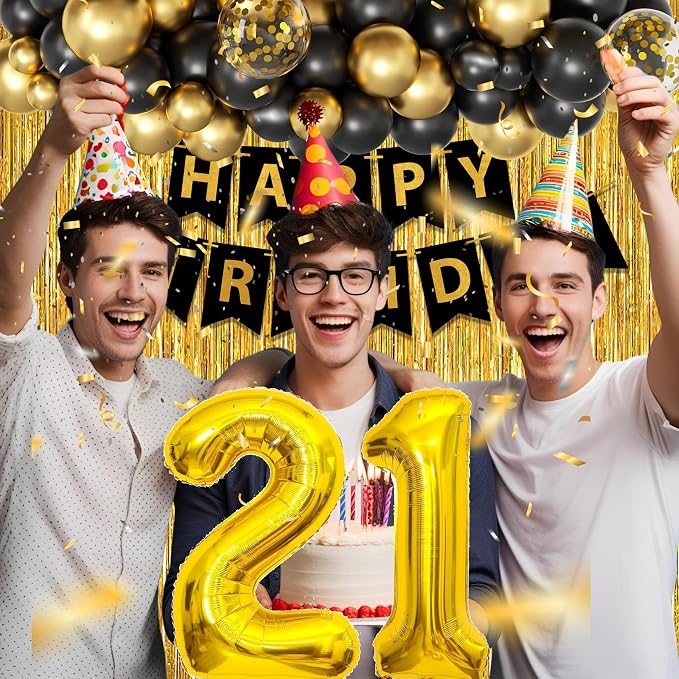 Gold 21st birthday decorations for him Men,3pcs birthday Decorations for Men boys black and gold Balloon Boxes Birthday Party Favors