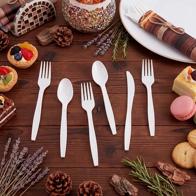 400 Pcs Rustic Wood Grain Wedding Supplies Biodegradable Disposable Tableware Set for 100 Guests Knives Spoon Fork Paper Napkins for Bridal Shower Camping Birthday Forest Themed Party