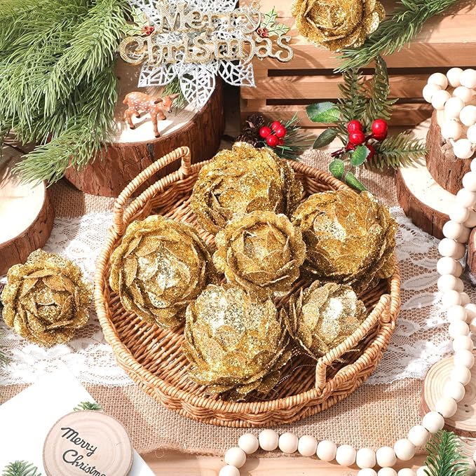 Sratte 8 Pcs Valentine Ball Ornaments Artificial Pinecone Hanging Ornaments Glitter Winter Faux Flower for Xmas Decor, 3.15/2.36 Inch(Gold)