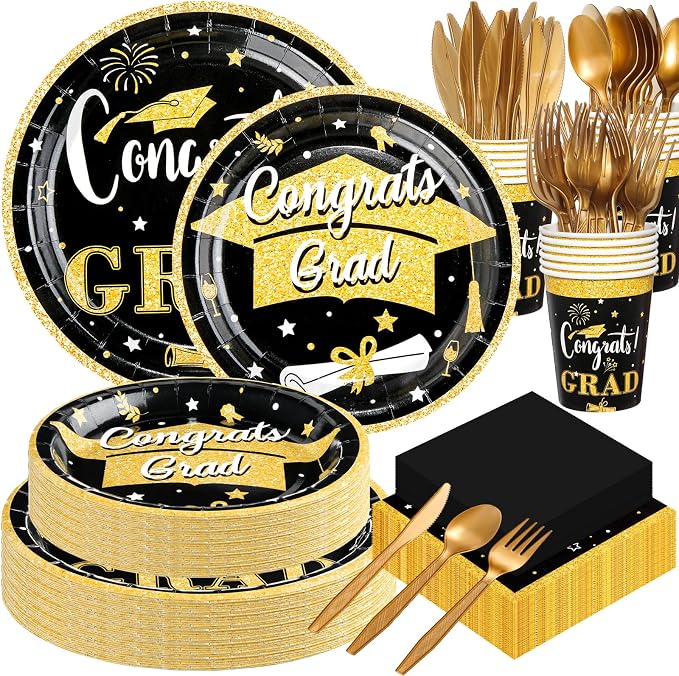 Domensi 400 Pcs 2026 Graduation Decorations Plates and Napkins and Cups Set Serve 50, Black and Gold Graduation Party Supplies, Class of 2026 Paper Tableware 9oz Cup Knife Fork Spoon Congrats Grad