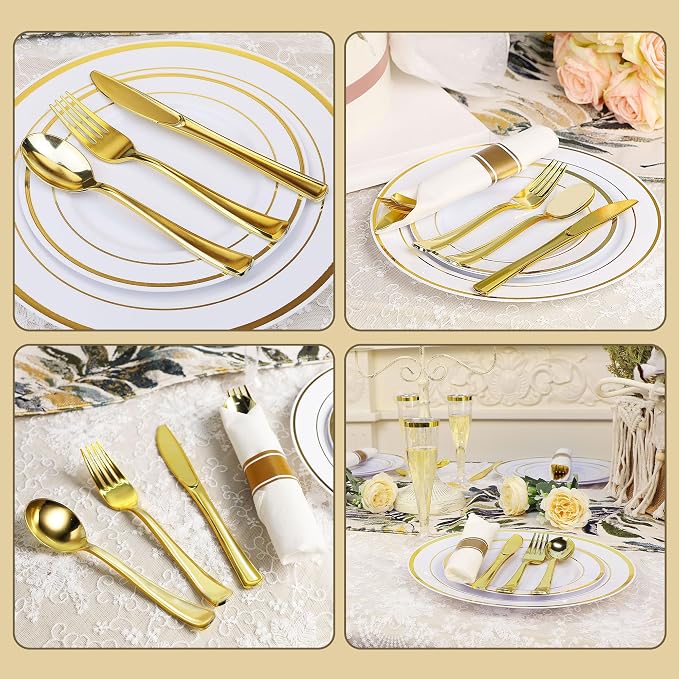 Zcaukya 200 Pieces Gold Plastic Silverware Set, Disposable Cutlery Set Including 100 Forks, 50 Knives and 50 Spoons, Eating Implements Flatware in Bulk for Dinner, Weddings and Birthday Parties