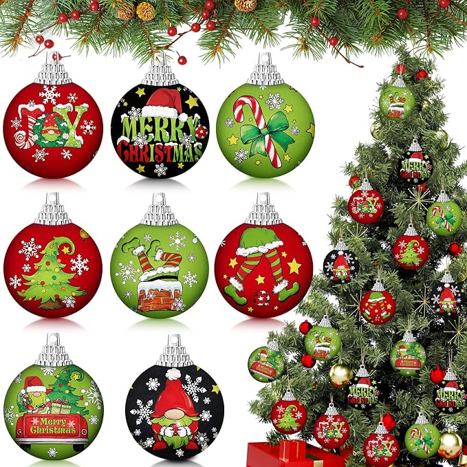 Outus 16 Pcs Christmas Ball Ornaments for Tree Red and Green Merry Christmas Hanging Ornaments Xmas Elf Balls for Tree Decoration Xmas Gifts Farmhouse Home Fireplace Decoration Holiday Party Favors