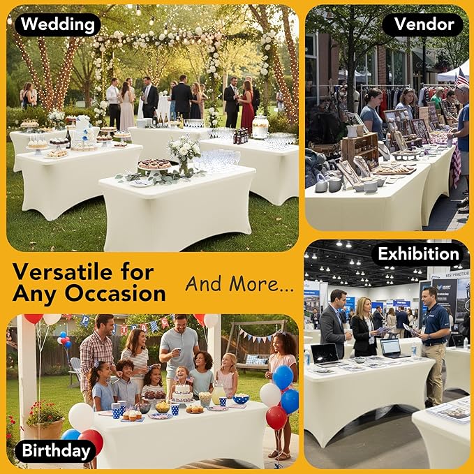8-Pack Premium Cream Spandex Tablecloths for 6ft Rectangle Tables, Stain & Wrinkle-Resistant, Washable Stretch Polyester Fitted Table Cover for Weddings, Banquets, Trade Shows Events
