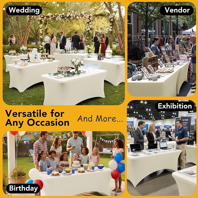 6-Pack Premium Cream Spandex Tablecloths for 4ft Rectangle Tables, Stain & Wrinkle-Resistant, Washable Stretch Polyester Fitted Table Cover for Weddings, Banquets, Trade Shows Events