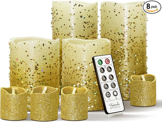 FURORA LIGHTING Gold Glitter LED Candles, 8-Pack Set with Remote & Timer | Includes 4 pillars and 4 votives. Delivers an opulent, dazzling golden glow for grand parties and centerpieces.