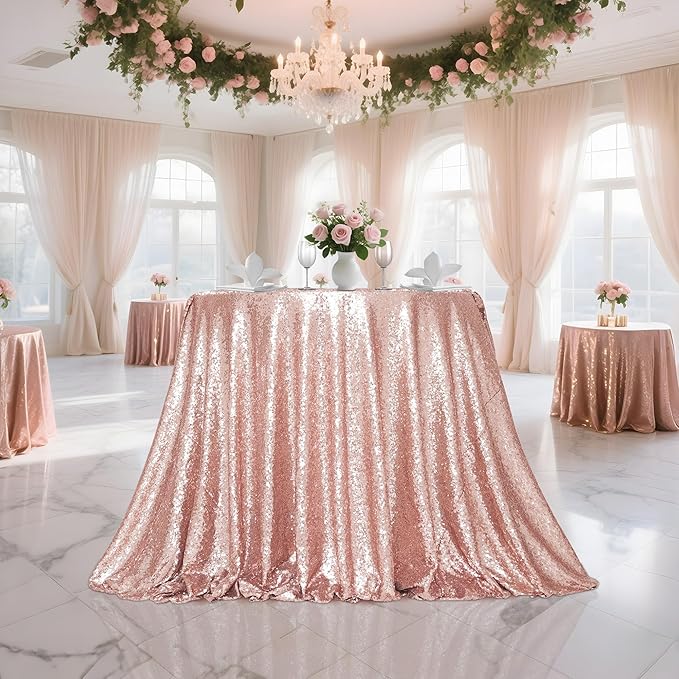 PartyDelight 108" Round Rose Gold Sequin Tablecloth High-Density 3mm Stitched Sequins Floor Length for 48-inch Round Tables Luxury Wedding & Banquet Decor