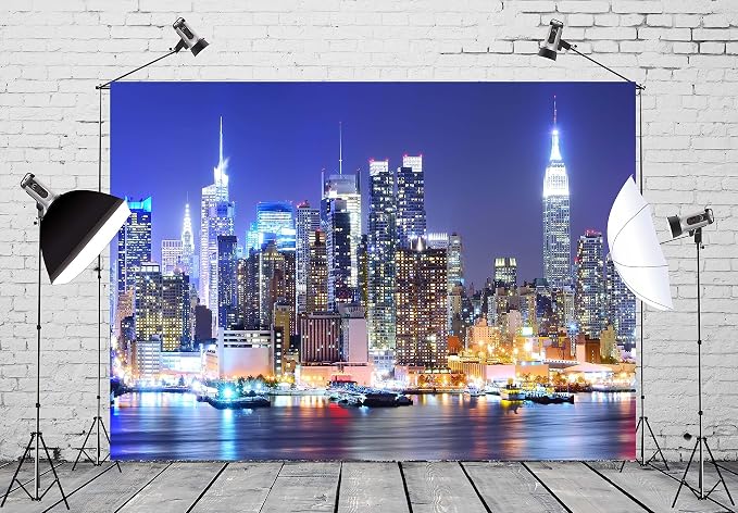 BELECO 20x10ft Fabric New York City Backdrop Manhattan Skyscraper Night View Urban Light Skyline Background City Theme Backdrop New York Party Decorations Artistic Portrait Shoot Photo Studio Props