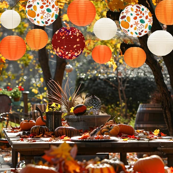 12 Pcs Fall Paper Lanterns Thanksgiving Orange Paper Lanterns Party Decorations, Maple Leaves Paper Lanterns Harvest Decorations for Autumn Birthday Party Indoor Outdoor Decor