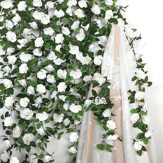 Aneco 8 Pack 64 FT White Flower Artificial Rose Vines Roses Fake Vine Flowers Plants Party Supplies for Holiday Wedding Garden Craft Art Decoration