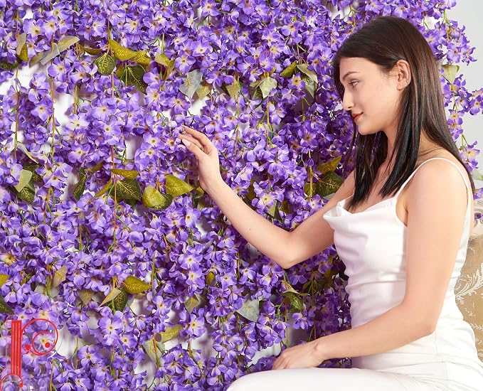 PONKING Flower Garland, Artificial Hydrangea Vine Flowers, Hanging Fake Hydrangeas Vine for Room Anniversary Wedding Birthday Christmas Wall Arch Decor, 2 Pcs, Floral Garland, Purple Flower
