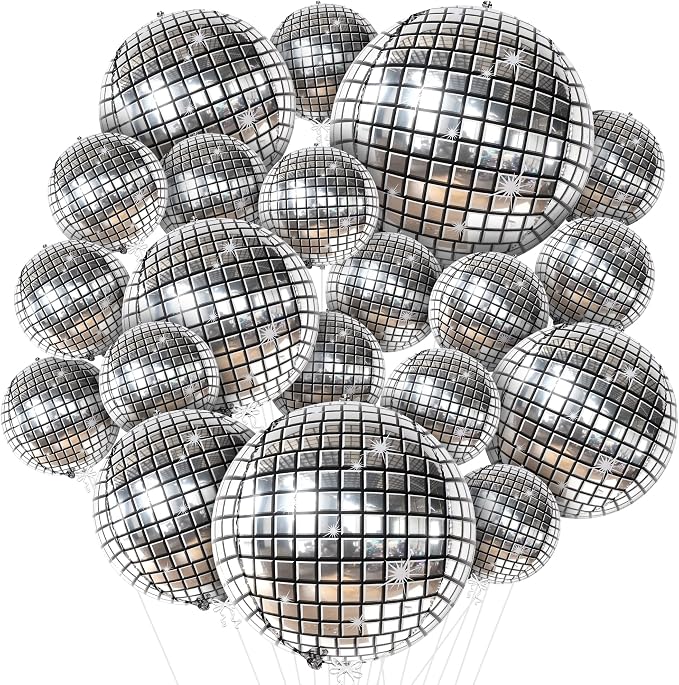 KatchOn, Silver Disco Ball Balloons - 32 Inch, Pack of 20 | Shiny Disco Ball for Disco Party Decorations | 4D Disco Balloons for Disco Bachelorette Party Decorations | Mamma Mia Party Decorations