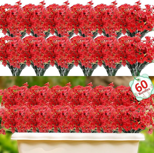 Powbrace 60 Pack Artificial Flowers for Outdoor Indoor Fake Plants, Faux Silk Flowers for Outdoors Outside Front Porch Hanging Planter Window Box Garden Spring Decoration(Red)