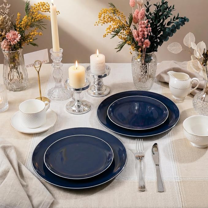 KIRE 200PCS Blue Plastic Plates with Silver Rim - Navy Blue Plastic Plates Include 100 Dinner & Dessert Plate - Heavy Duty Dark Blue Disposable Plate for Wedding/Parties/4th of July