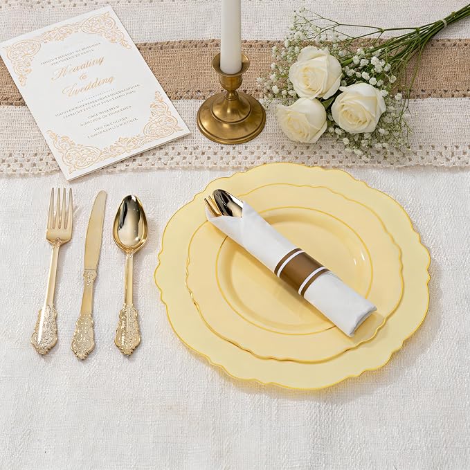 Liacere 350PCS Yellow Plates - Yellow Disposable Plastic Plates With Gold Rim-50Guest Plastic Dinnerware include 100 Plates,50 Pack Pre Rolled Napkins with Silverware 50Cups for Wedding＆Party