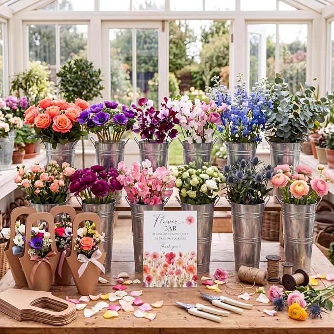 LEIFIDE Flower Bar Buckets Set Kit Bloom Bar Supplies Include Wood Sign Gift Bags Iron Bucket Garden Flower Shears for Wedding Bridal Shower Graduation Birthday Table Centerpieces(45 Pcs,Silver)