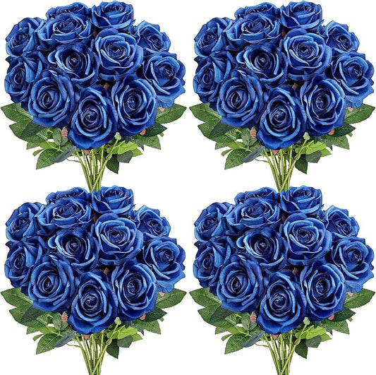 48 PCS Royal Blue Roses Artificial Flowers - Fake Silk Floral with Long Stems Bulk for Table Centerpieces DIY Bouquet Arrangements Wedding Party Bridal Shower Vase Decorations
