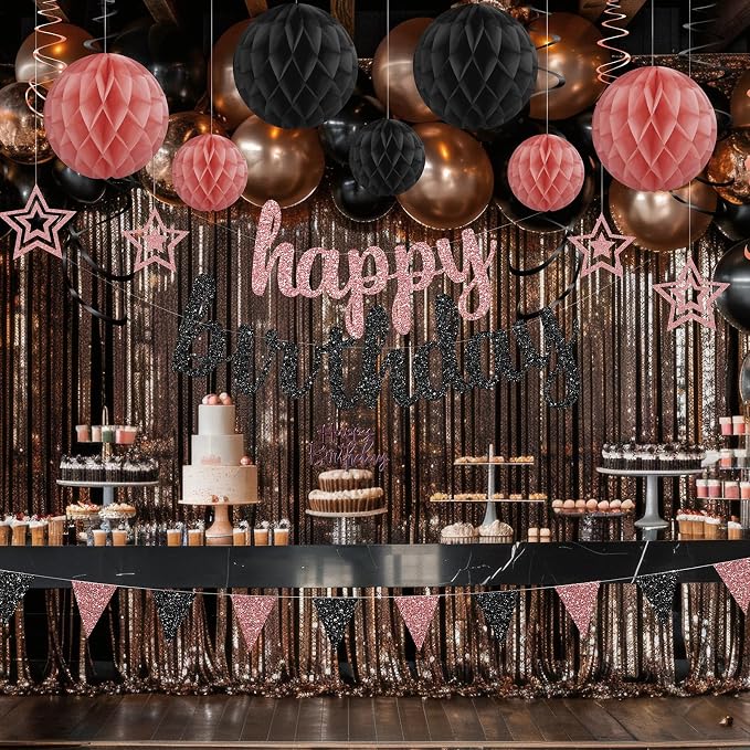 Rose Gold and Black Birthday Party Decorations Set - Happy Birthday Banner Balloons Foil Curtains Hanging Swirls for Women Girls Birthday Party Supplies