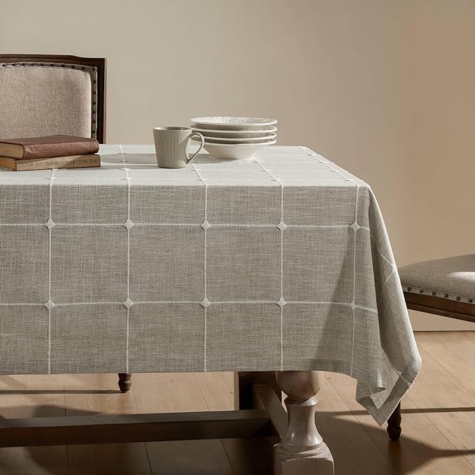 ZeeMart Grid Embroidered Hemmed Tablecloths, Raw Linen 60x60 Inch, Farmhouse Style Heavy Weight Cotton Linen Beige Tablecloths, Boho Plaid Water Resistant Square Table Cloth