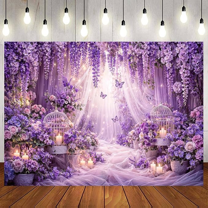 12x10ft Purple Butterfly Floral Backdrop for Photography Butterfly Flowers Girls Party Decorations Background Wedding Birthday Baby Shower Party Cake Table Decor Banner Photo Booth Props