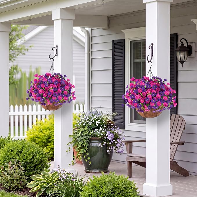Artificial Flowers for Outdoors with Baskets Hanging Plant Faux Flowers UV Resistant Fake Silk Morning Glory with Eucalyptus for Planter Porch Garden Home Spring Summer Decoration(Fuchsia Purple)