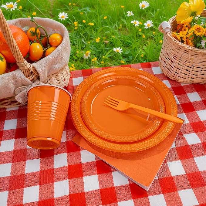 MirthMood 350PCS Orange Plastic Plates,Orange Disposable Plates Set– Plastic Plates Set Includes 50 Dinner,50 Dessert Plate,50 Cup&50 Napkins, 50 Silverware for Wedding & Birthday Parties
