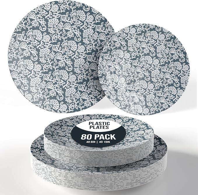 Trendables Disposable Dinnerware Decorative Plates Plastic Disposable Plates Set For 40 Guests 40 x 8 Inch Dessert Plate & 40 x 10 Inch Wedding Party Plate Set Garden Damask