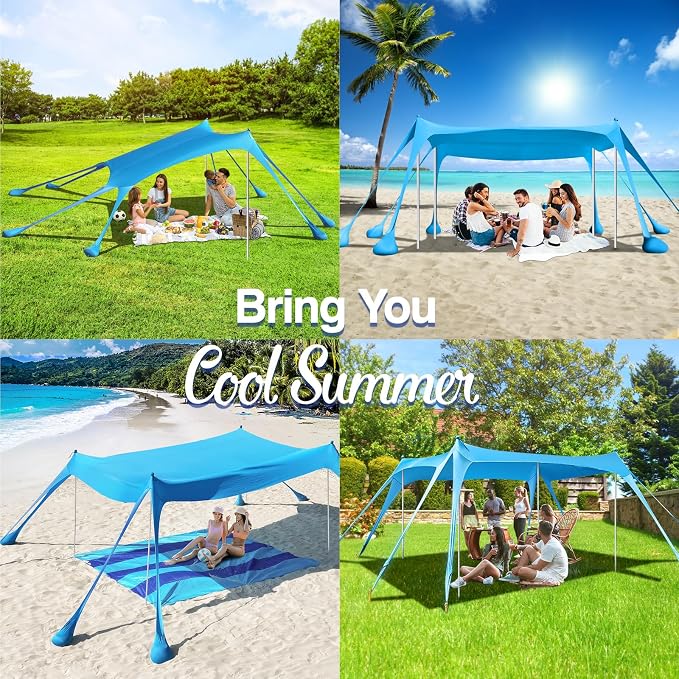 Rhino Valley Beach Tent, 10 x 13 FT Beach Shade UPF50+ Protection, Beach Canopy with 8 Sandbags 4 Stability Poles,Outdoor Beach Tent Sun Shelter Umbrella for Sand,Camping,Fishing Essentials, Sky Blue