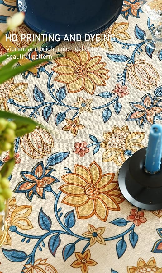 ISAENNE Designer Vintage Linen Rectangular Tablecloth,110"x63"-Estevan B | French Elegant Printed Table Cloth for Rectangle Table,Orange Floral Pattern,Dining Room,Kitchen,Tea Party,Thanksgiving