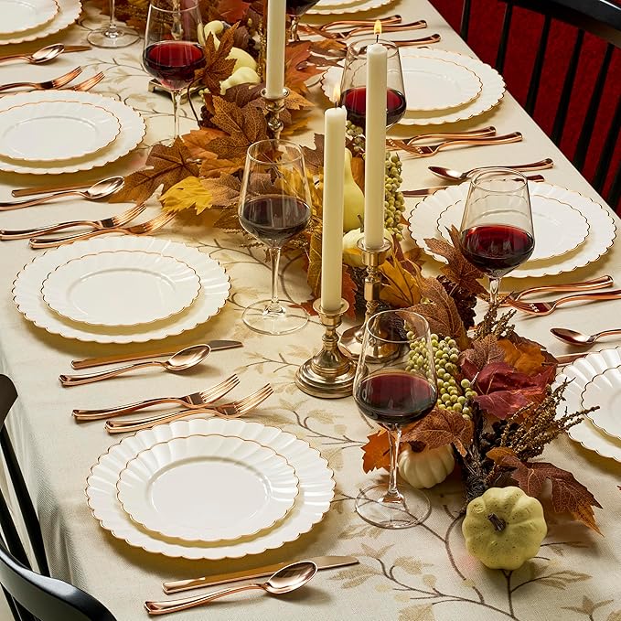 By Madee HEAVYWEIGHT 100 Pc Fancy Disposable Plates Set | Ivory Scalloped Premium Disposable Plates with Rose Gold Trim | 50 Dinner & 50 Dessert Plates (50 Guests)