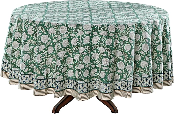 Ridhi Round Tablecloth Hand Block Print 100% Cotton Reusable Turquoise Moss Green 120 Inch Table Cover Decorative Everyday Use for Dining, Home, Party, Wedding, Farmhouse Gift for Spring, Mother's Day