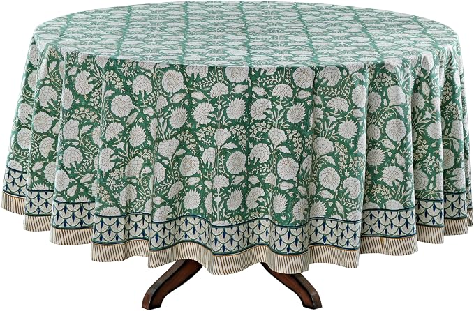 Ridhi Round Tablecloth Hand Block Print 100% Cotton Reusable Turquoise Moss Green 110 Inch Table Cover Decorative Everyday Use for Dining, Home, Party, Wedding, Farmhouse Gift for Spring, Mother's Day